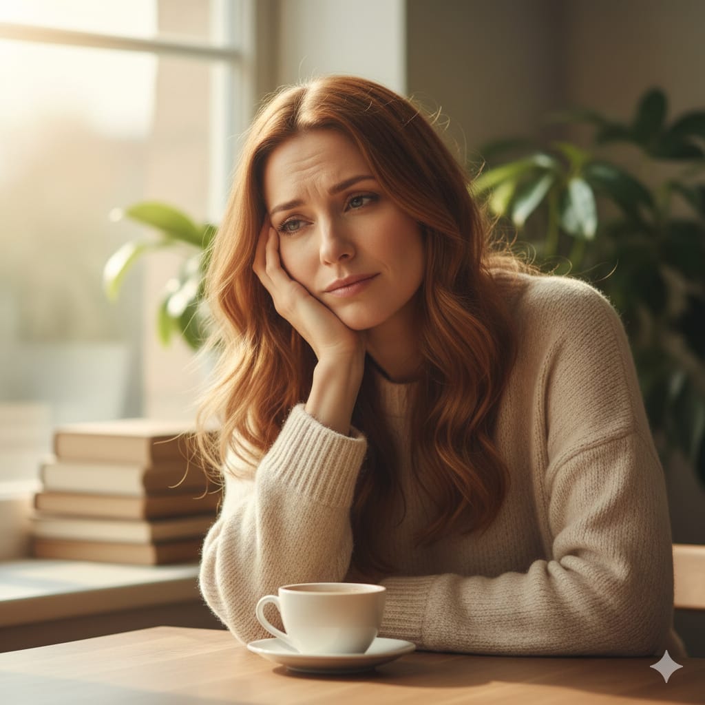 Woman in her 30s looking tired and stressed while drinking coffee, symbolizing the mental fatigue and anxiety caused by low estrogen.